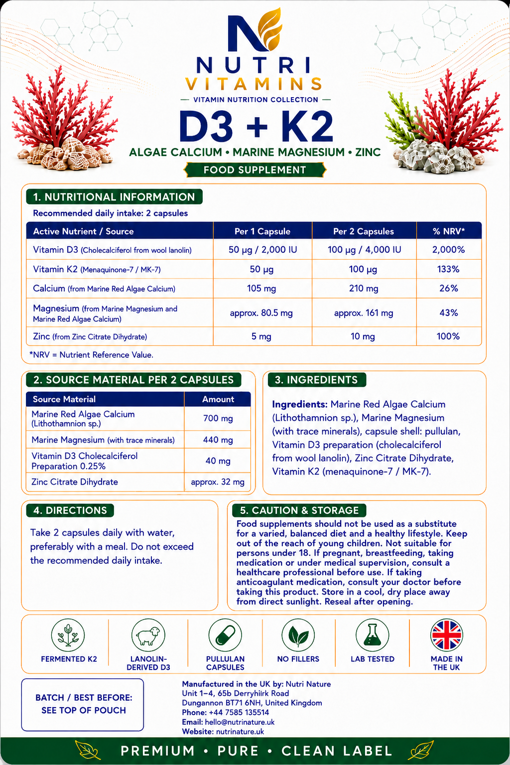 D3 + K2 Algae Calcium, Marine Magnesium & Zinc