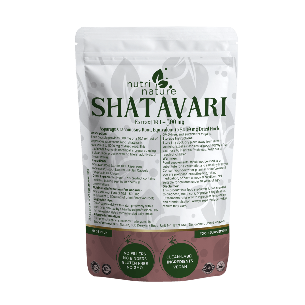 Shatavari Root Capsules 500mg – Traditional Botanical – Clean Label Vegan Capsules - nutrinature