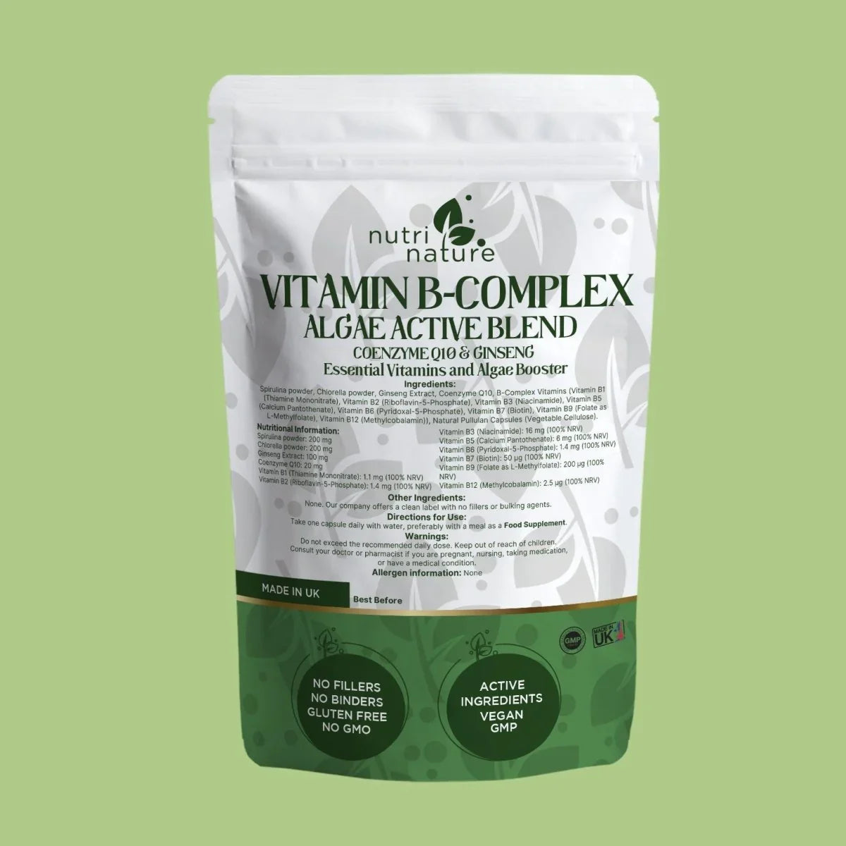 Vitamin B Complex, Q10, Spirulina Chlorella, Ginseng Complex - nutrinature