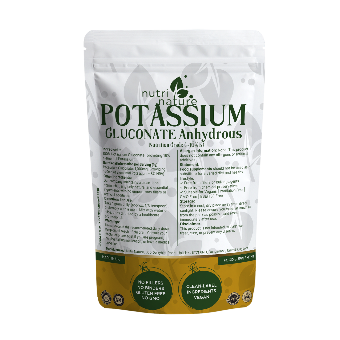 Potassium Gluconate 250g – Natural Vegan Supplement