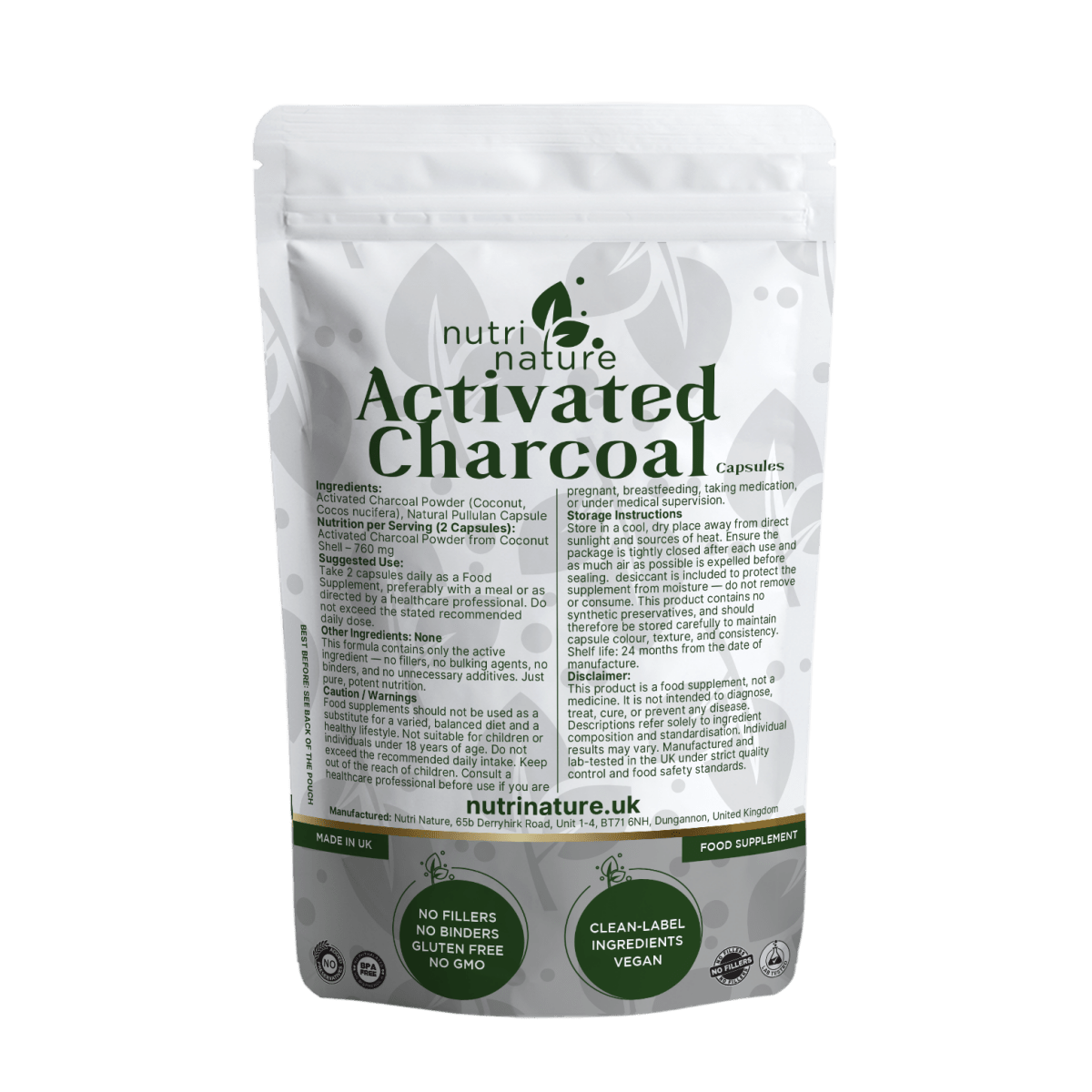 Activated Charcoal sources from natural coconut shells 760mg - nutrinature