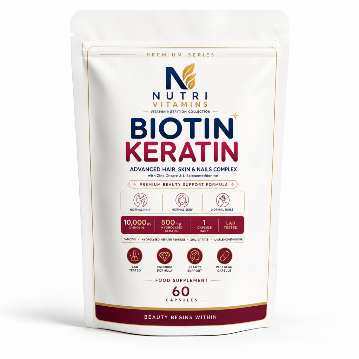 Biotin Keratin Zinc & Selenium Hair Skin Nails Pullulan Capsules - nutrinature