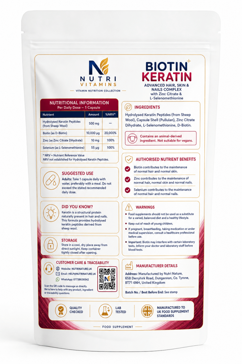 Biotin Keratin Zinc & Selenium Hair Skin Nails Pullulan Capsules - nutrinature
