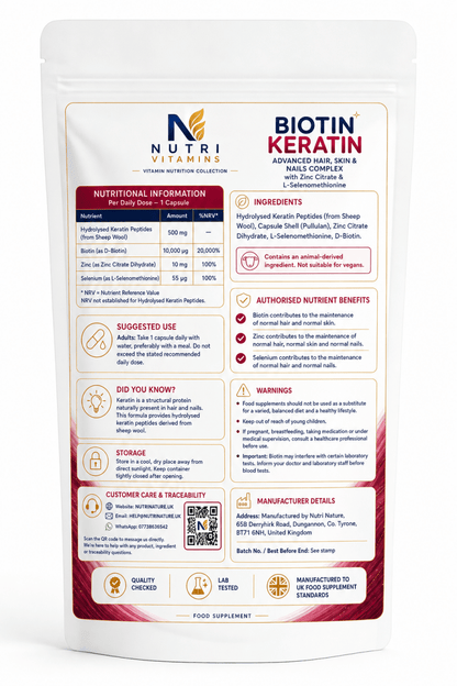 Biotin Keratin Zinc & Selenium Hair Skin Nails Pullulan Capsules - nutrinature