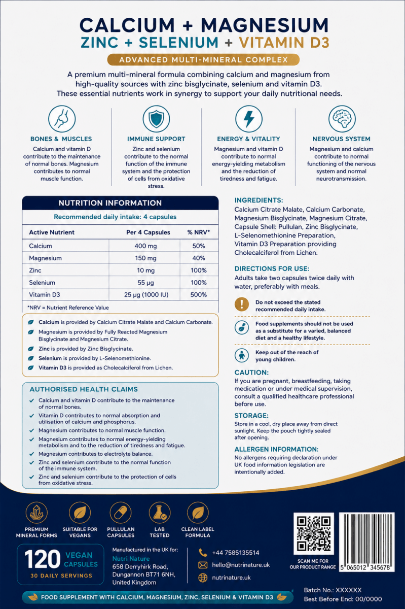Calcium Magnesium Zinc Selenium Vitamin D3 | Advanced Mineral Complex - nutrinature