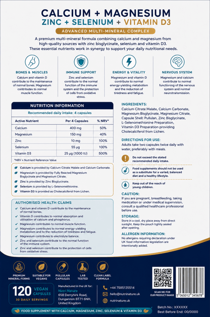 Calcium Magnesium Zinc Selenium Vitamin D3 | Advanced Mineral Complex - nutrinature
