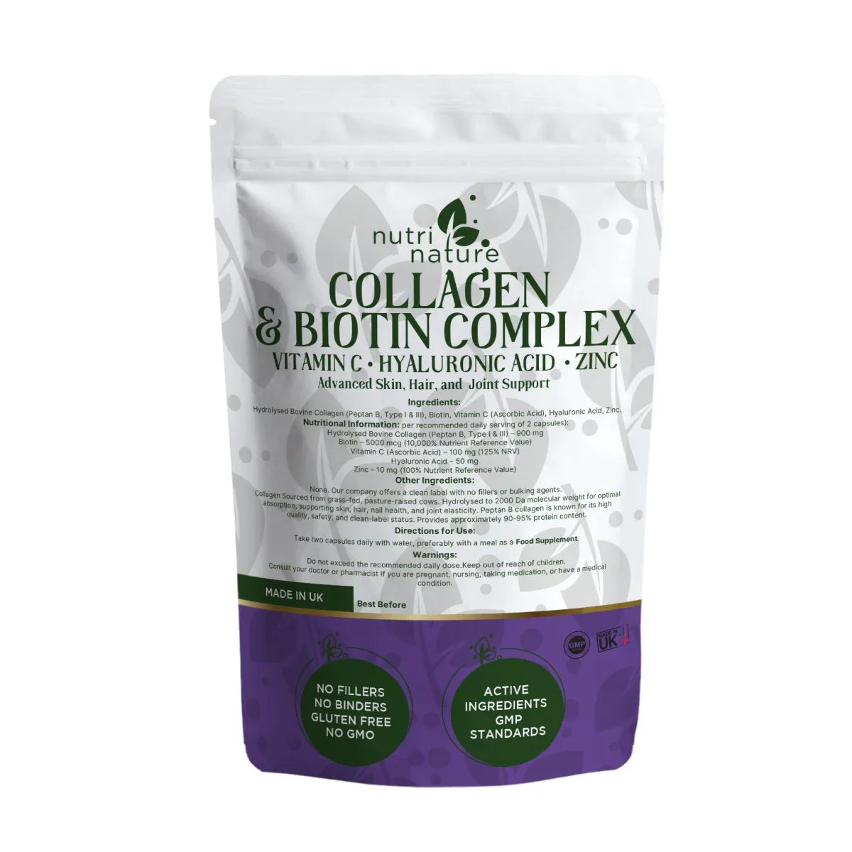 Collagen & Biotin Complex, Biotin, Vitamin C,Hyaluronic Acid, Zinc - nutrinature