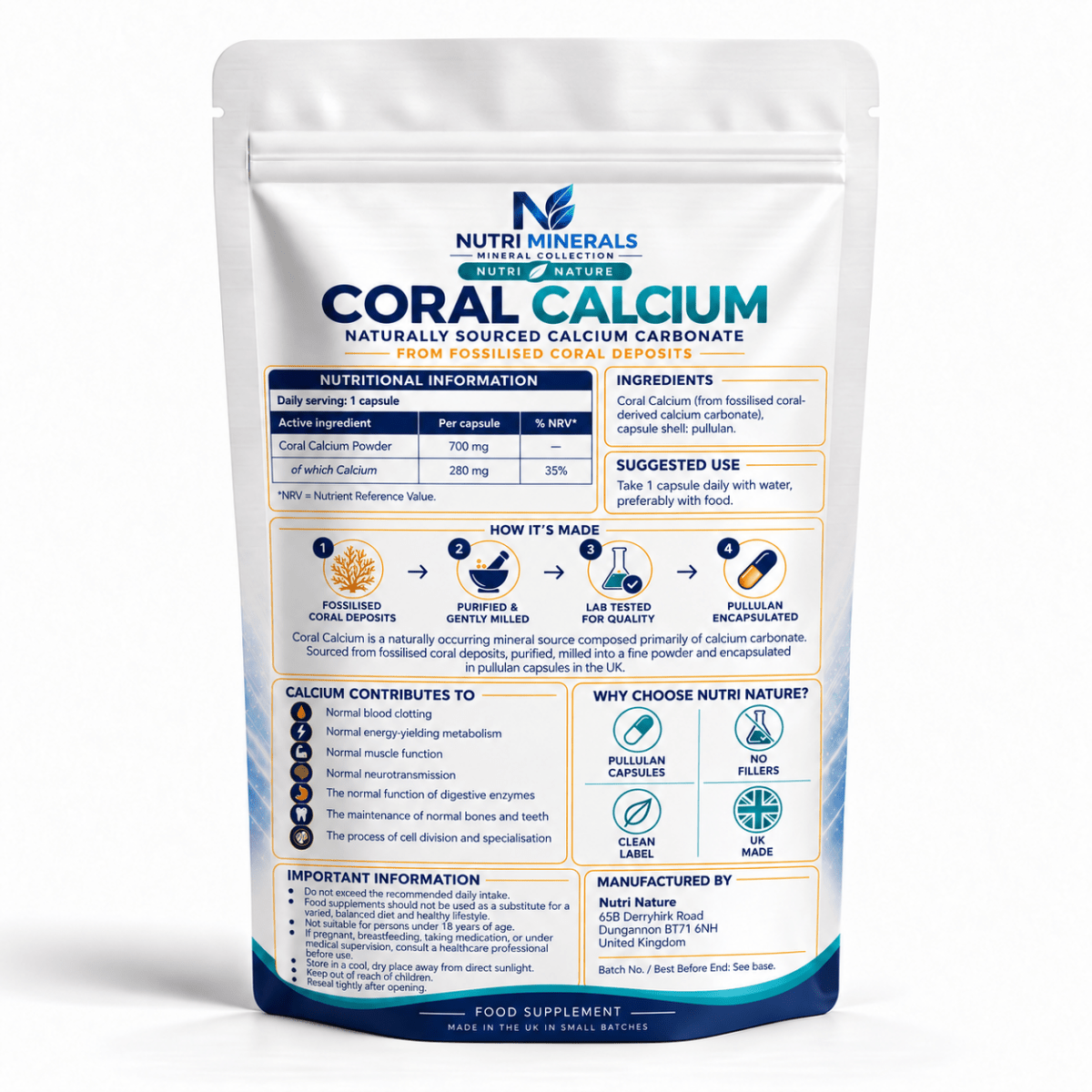 Coral Calcium 700mg Capsules | 280mg Calcium | Nutri Nature - nutrinature