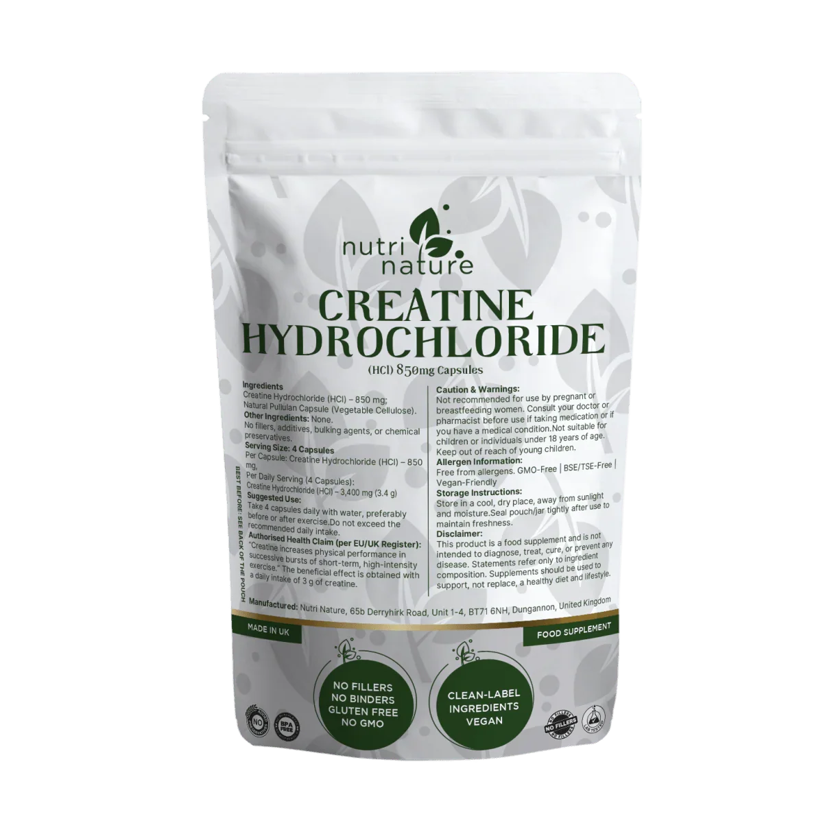 Creatine Hydrochloride (HCl) 850 mg Per Capsule - nutrinature
