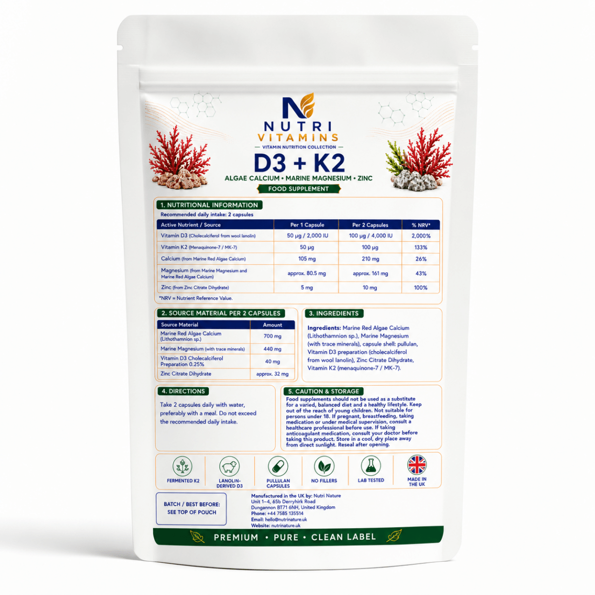 D3 + K2 Algae Calcium, Marine Magnesium & Zinc - nutrinature