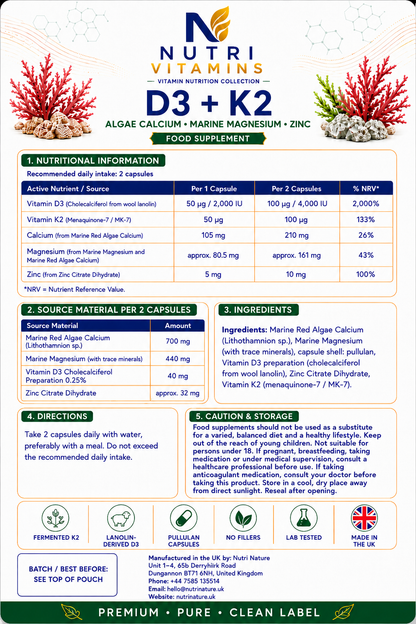 D3 + K2 Algae Calcium, Marine Magnesium & Zinc