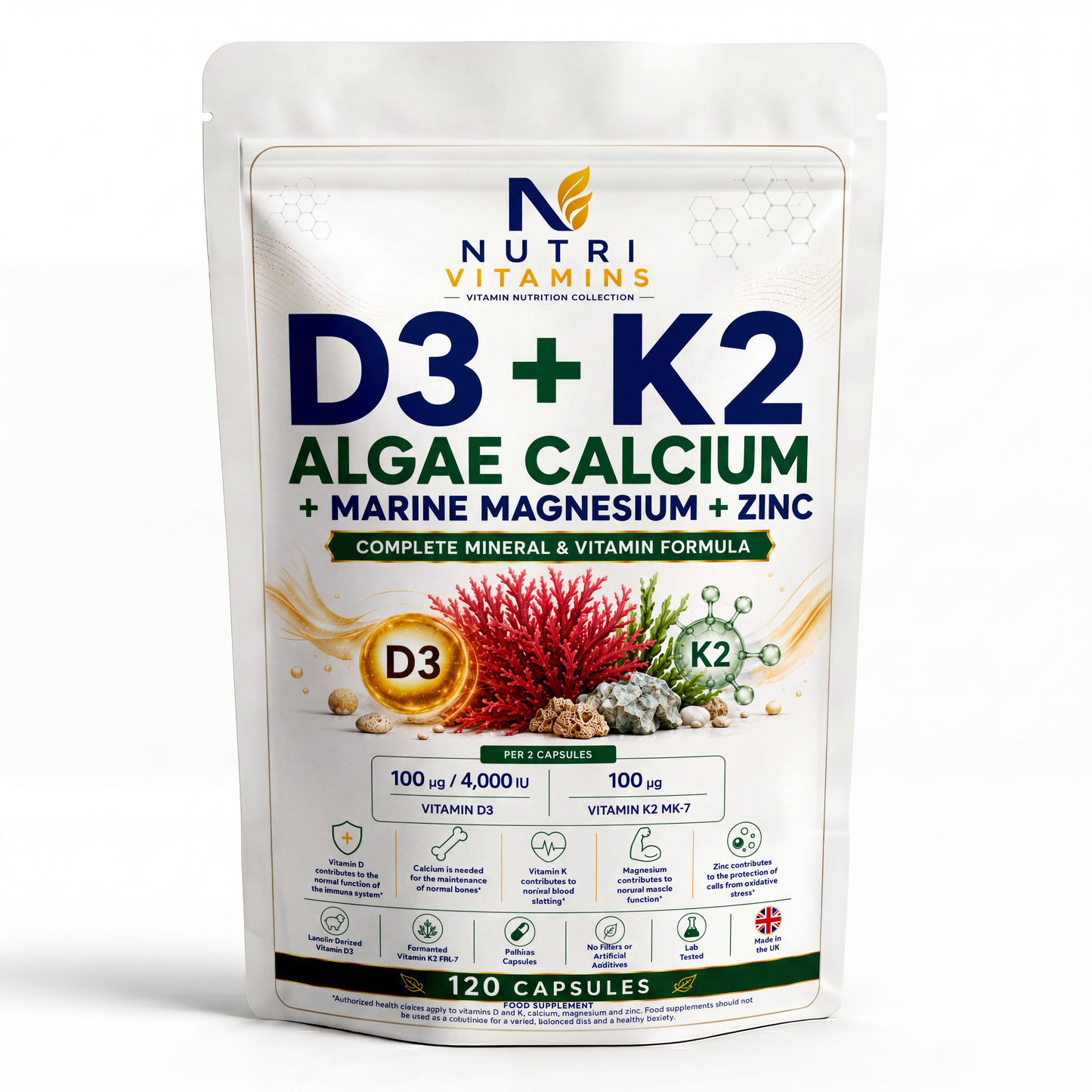 D3 + K2 Algae Calcium, Marine Magnesium & Zinc