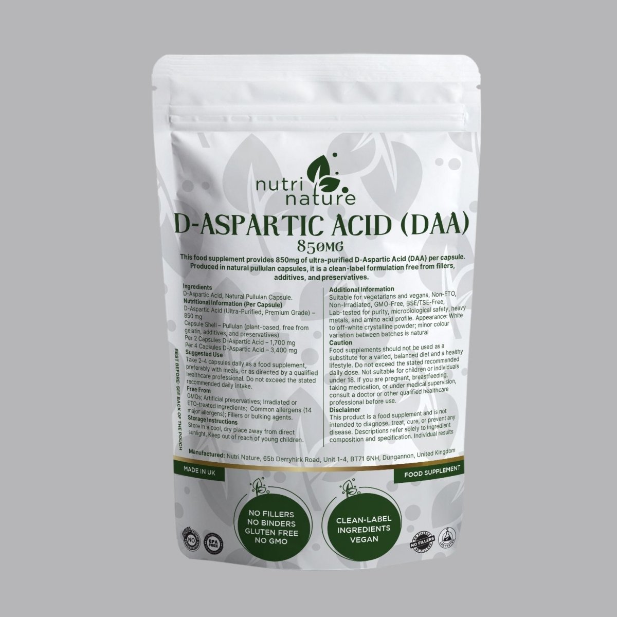 DAA D Aspartic Acid 850mg - nutrinature
