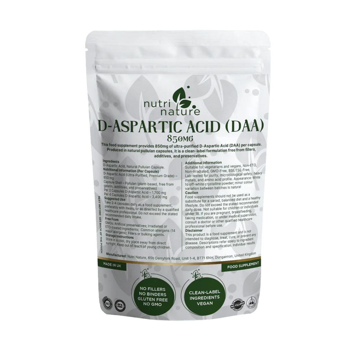 DAA D Aspartic Acid 850mg - nutrinature