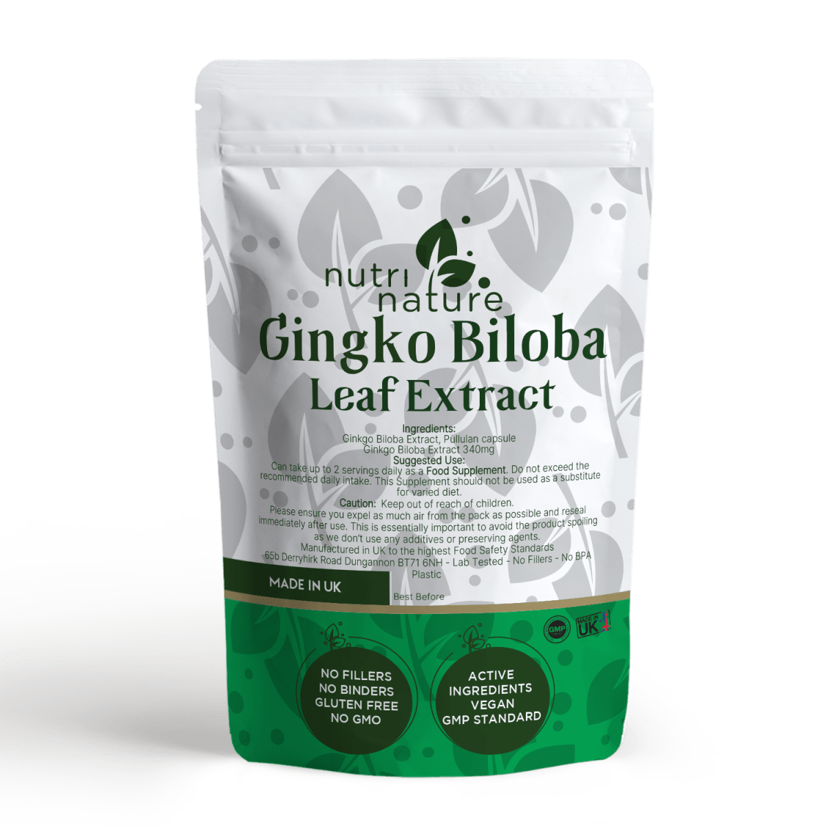 Ginkgo Biloba Leaf Extract 340mg Natural Pullulan Capsules - nutrinature
