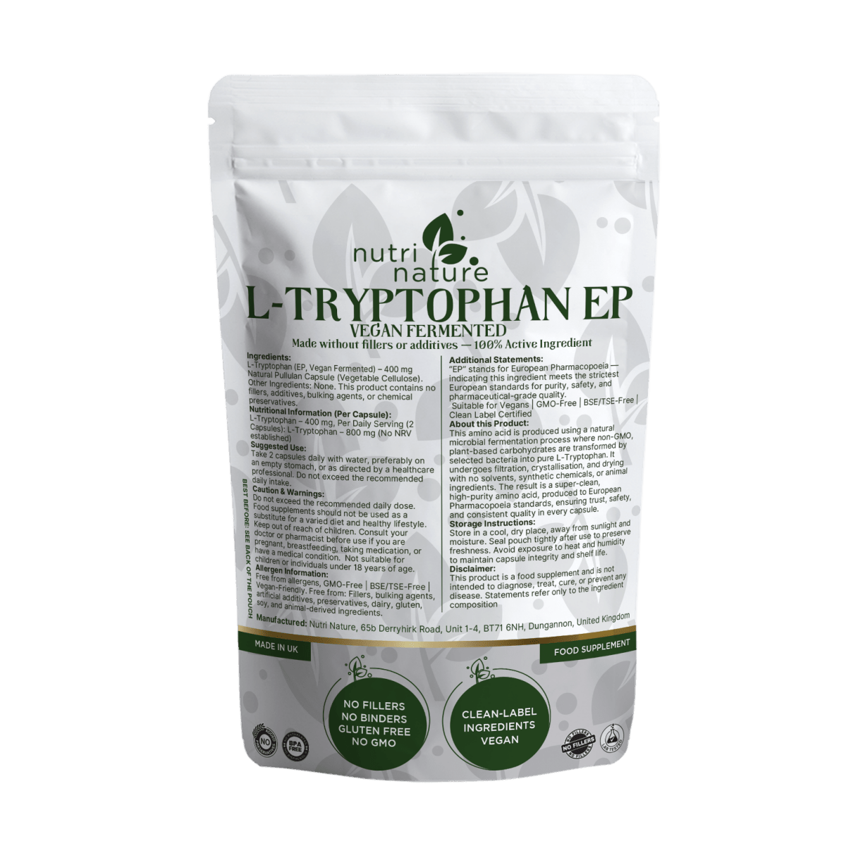 L - Tryptophan (EP, Vegan Fermented) – 400 mg - nutrinature