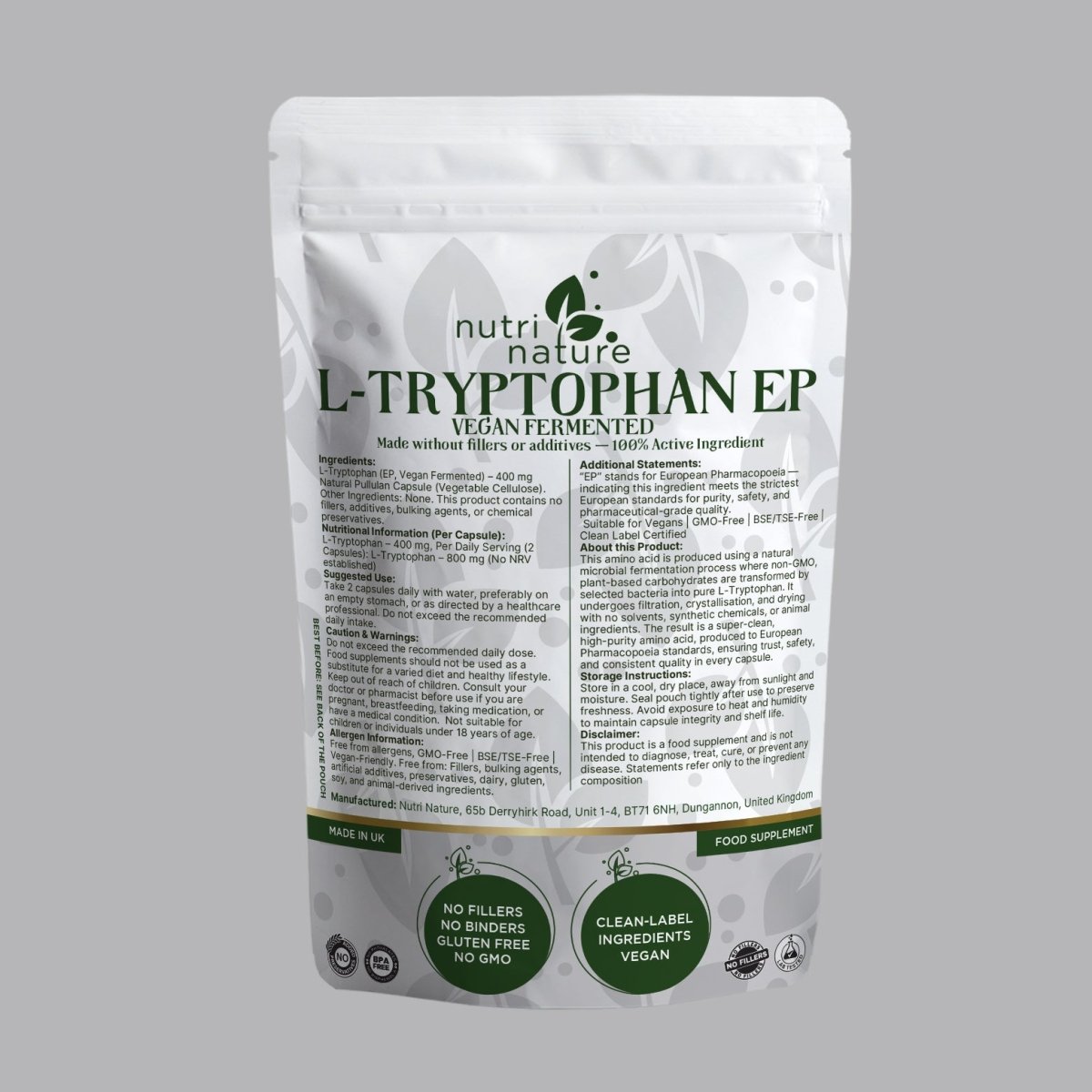 L - Tryptophan (EP, Vegan Fermented) – 400 mg - nutrinature