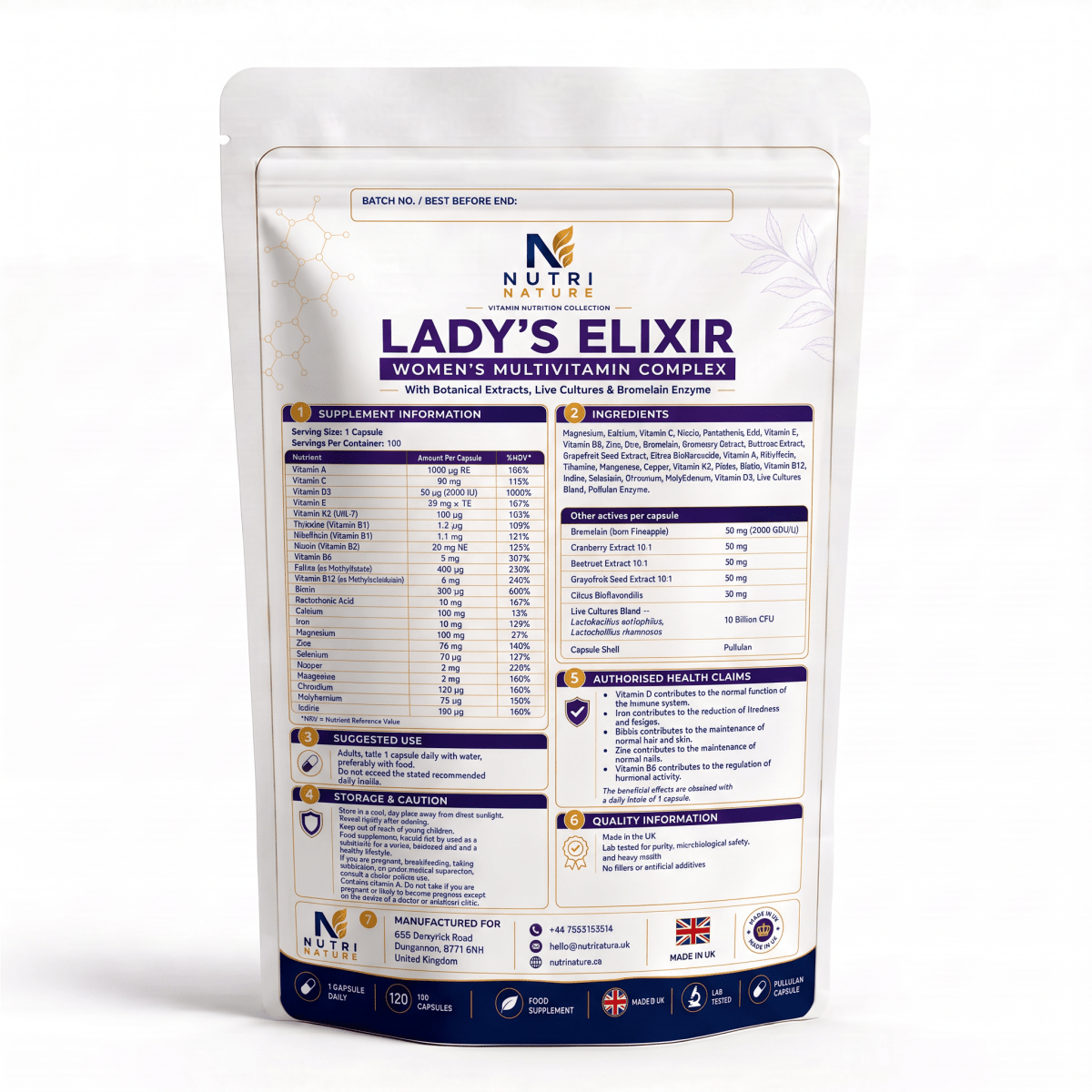 Ladys Elixir - Woman vitamins complex, Bioflavonoids, Enzymes, Live Bacteria Cultures - nutrinature