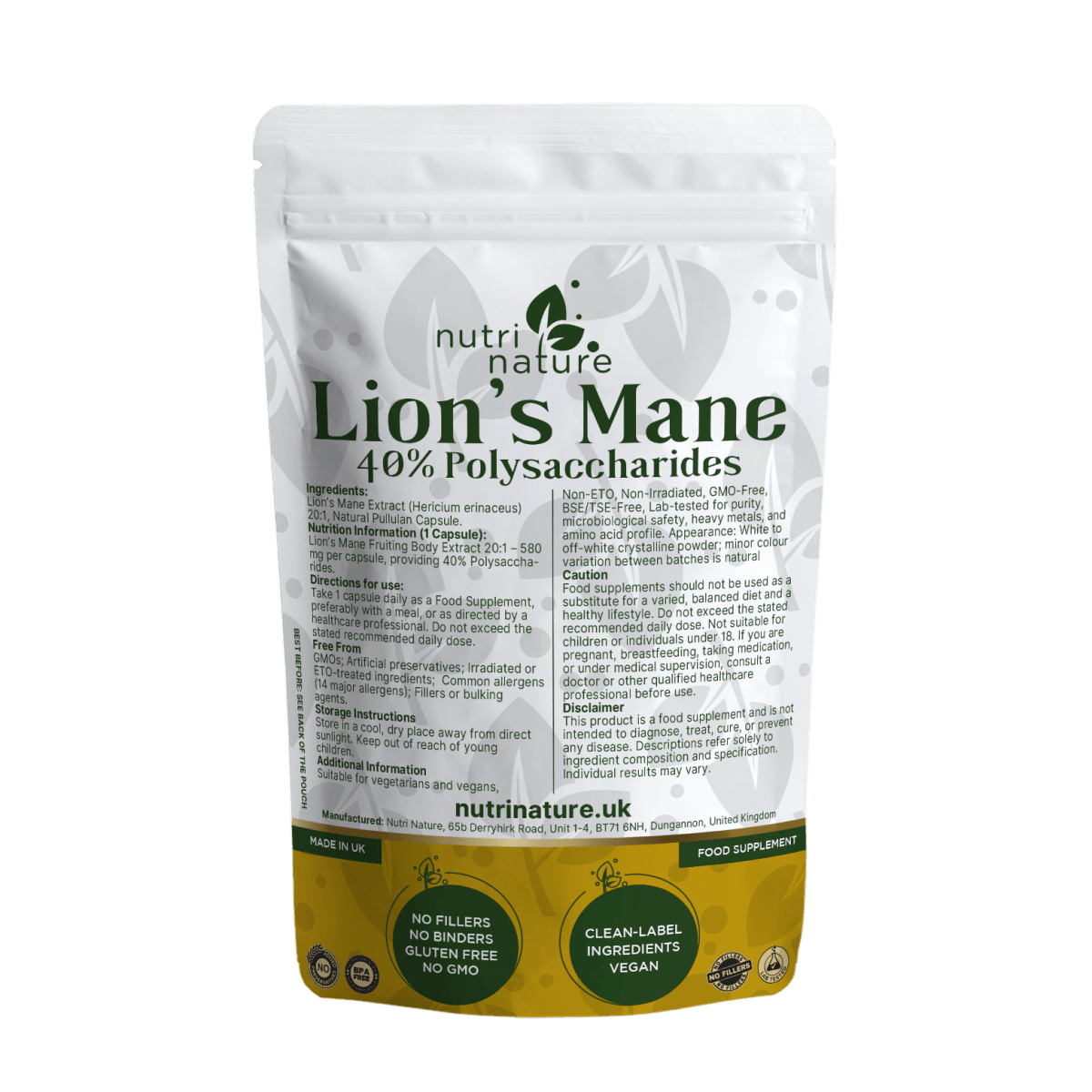 Lions Mane Mushrooms 580mg 40% polysaccharides - nutrinature