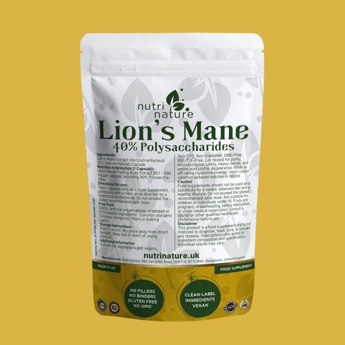 Lions Mane Mushrooms 580mg 40% polysaccharides - nutrinature