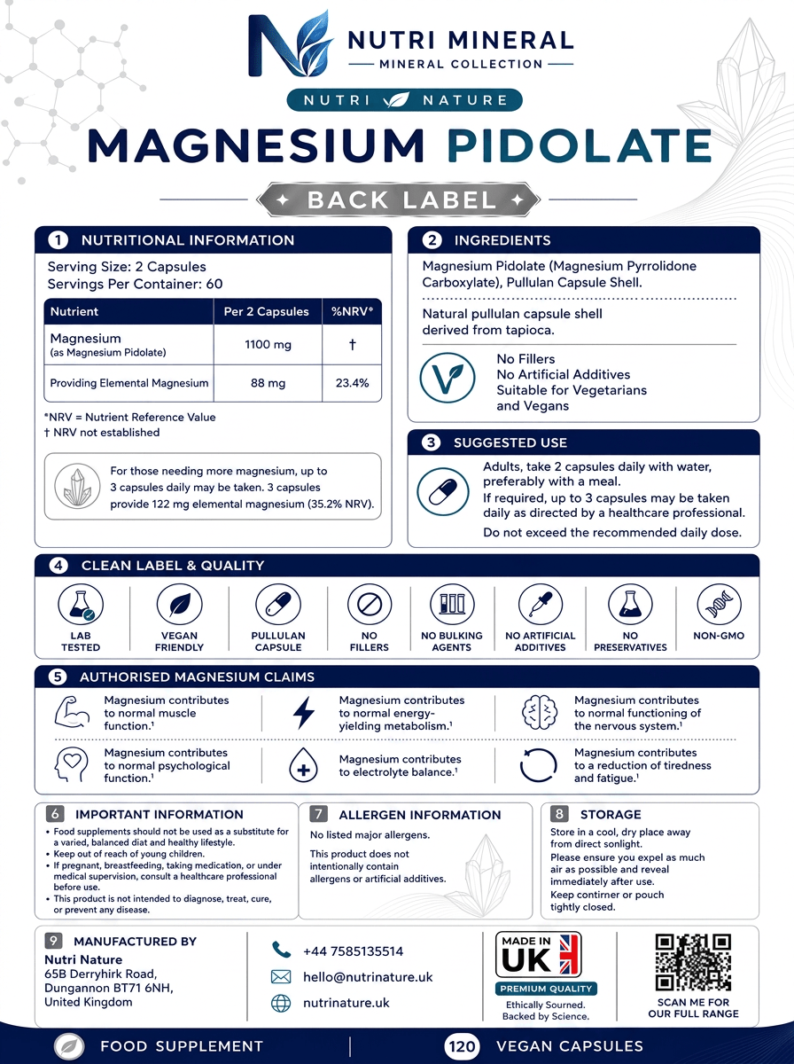 Magnesium Pidolate 1100mg per 2 Caps 120 Vegan Capsules - nutrinature