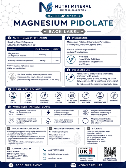 Magnesium Pidolate 1100mg per 2 Caps 120 Vegan Capsules - nutrinature
