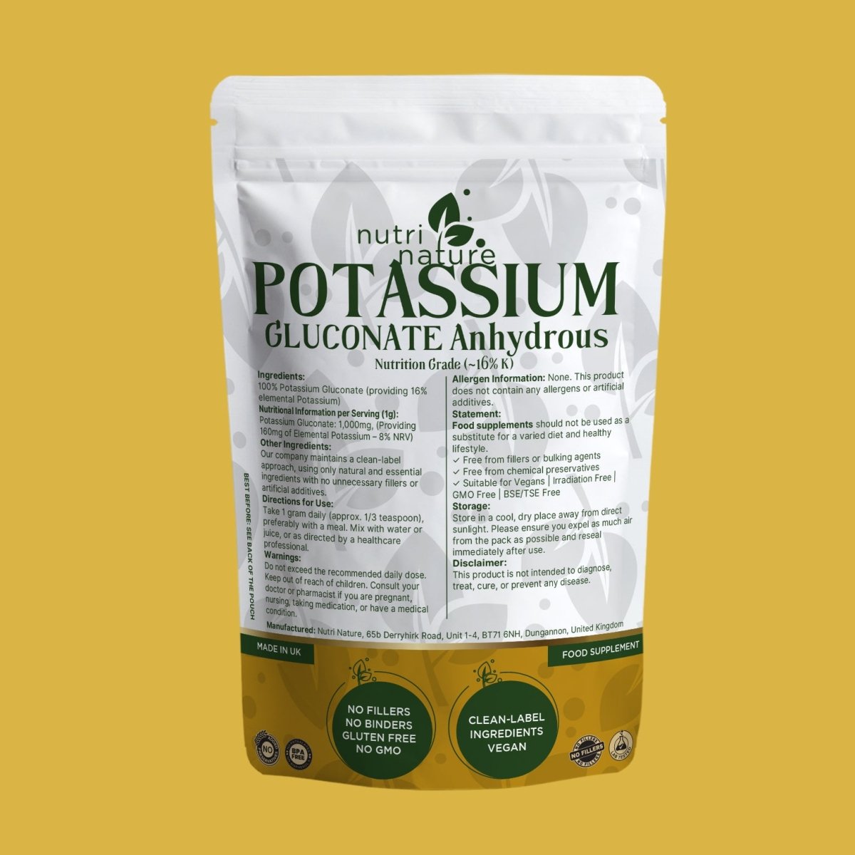 Potassium Gluconate 250g – Natural Vegan Supplement - nutrinature