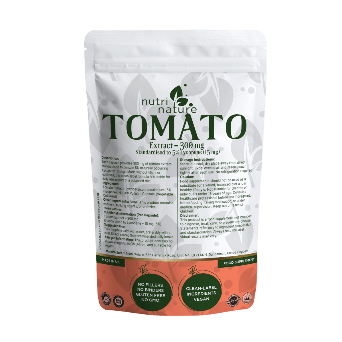 Tomato Extract 300mg – 5% Lycopene 15mg – Clean Label – No Fillers – Vegan – UK Made - nutrinature