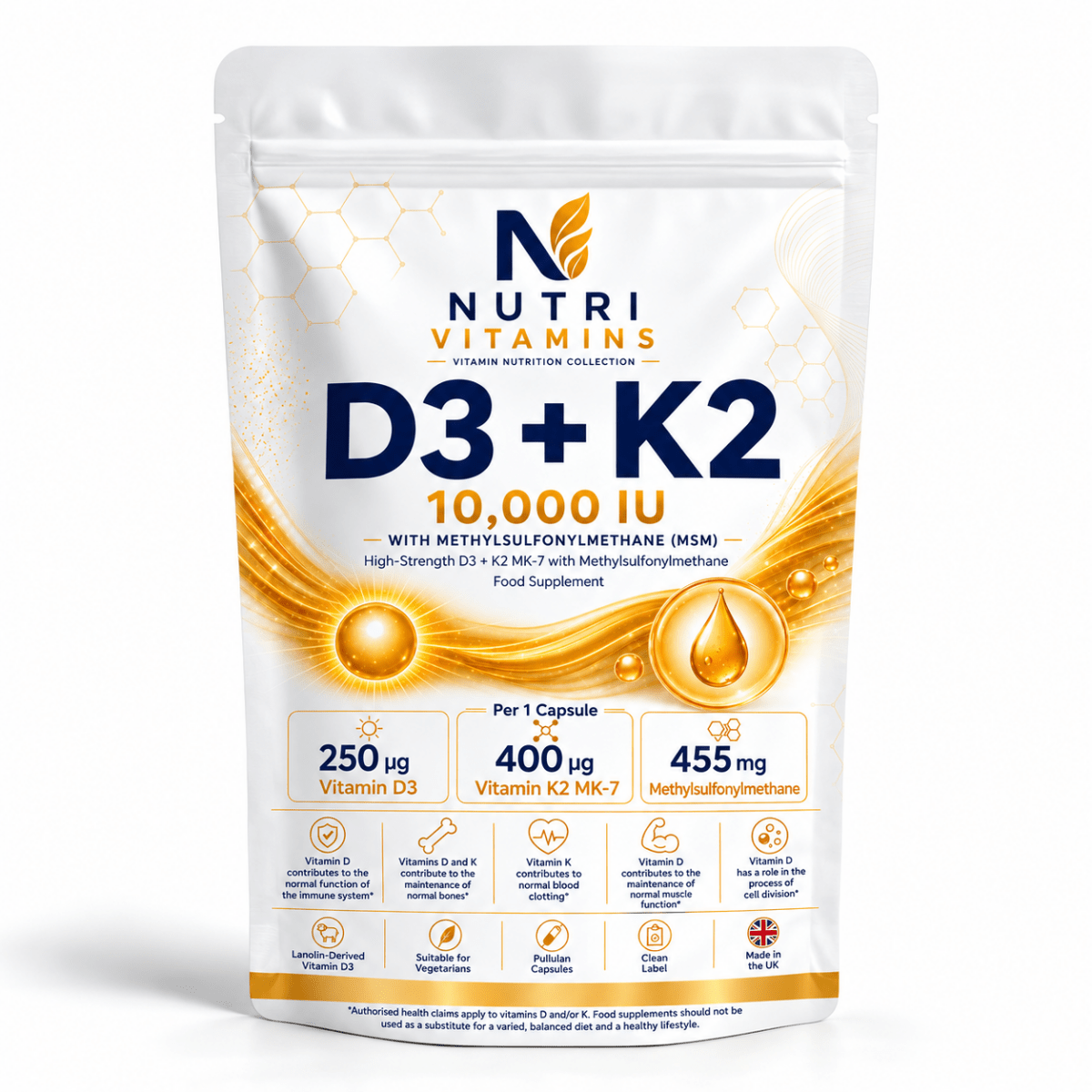 Vitamin D3 10,000 IU + K2 MK-7 400 µg + MSM 455 mg – Lanolin-Derived - nutrinature