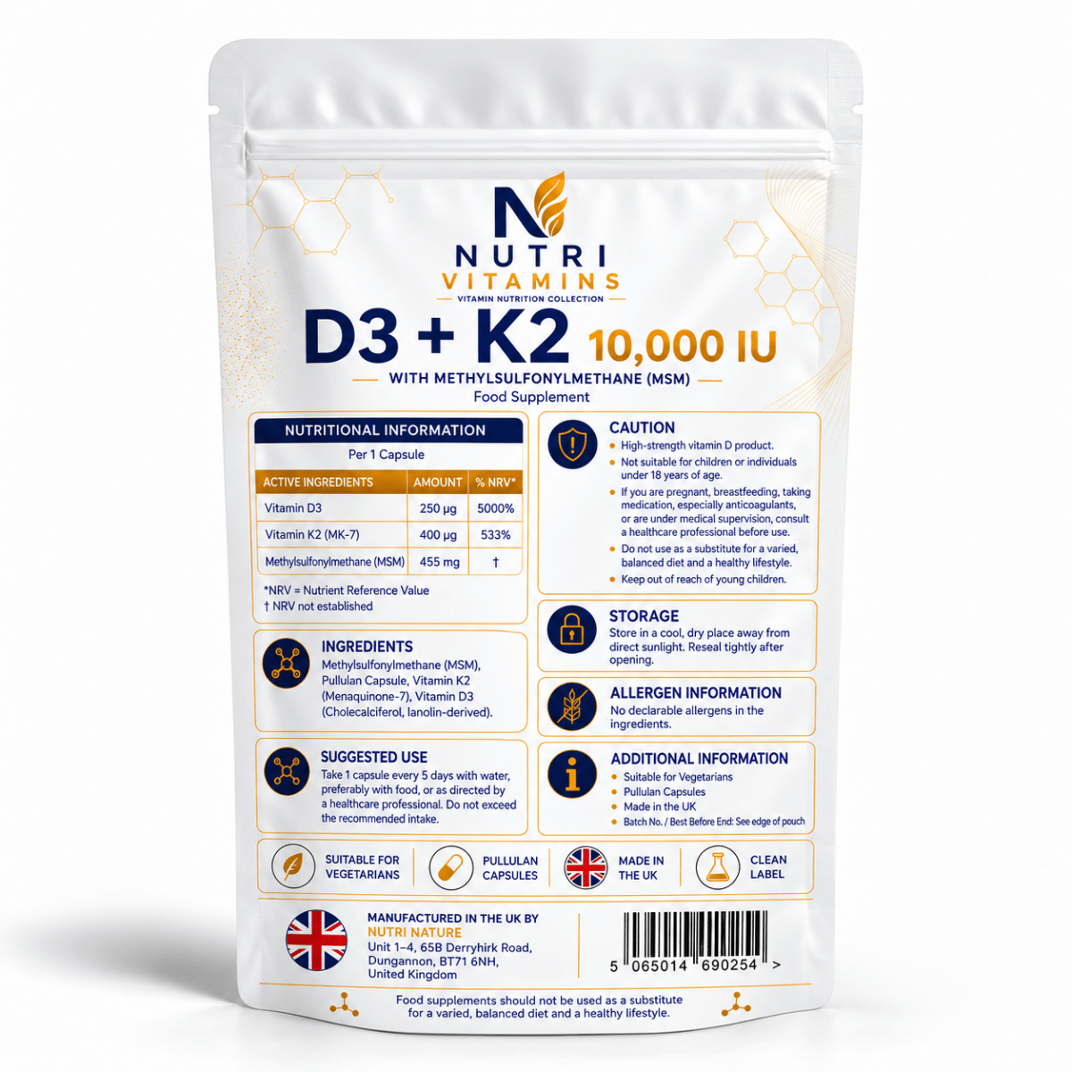 Vitamin D3 10,000 IU + K2 MK-7 400 µg + MSM 455 mg – Lanolin-Derived - nutrinature